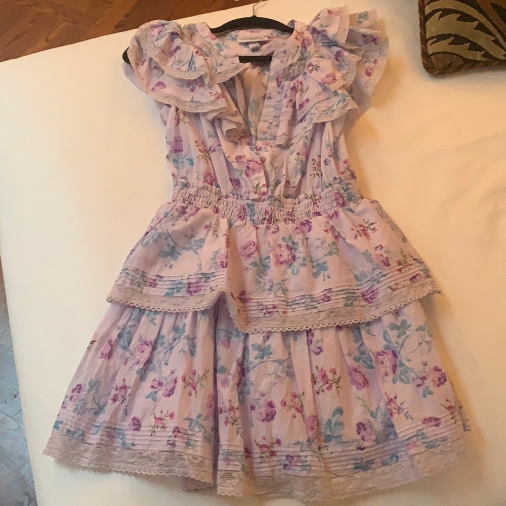 LoveShackFancy Lavender Floral Ruffle Mini Dress